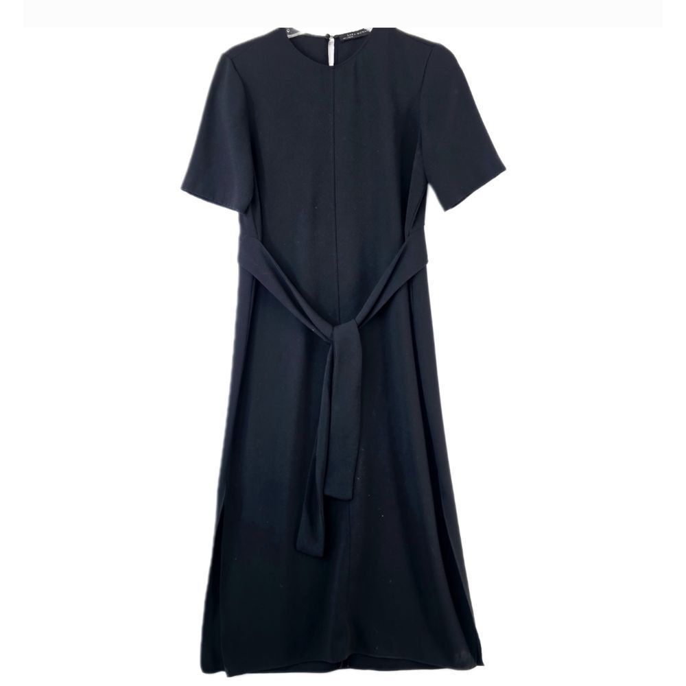 Zara Woman Black Short Sleeve Midi Dress Women's Small Tie Waist Detail Office